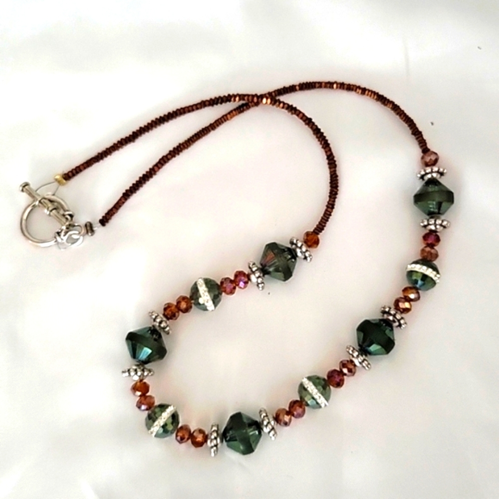 Crystal Accented Green Glass Hematite Beaded Necklace